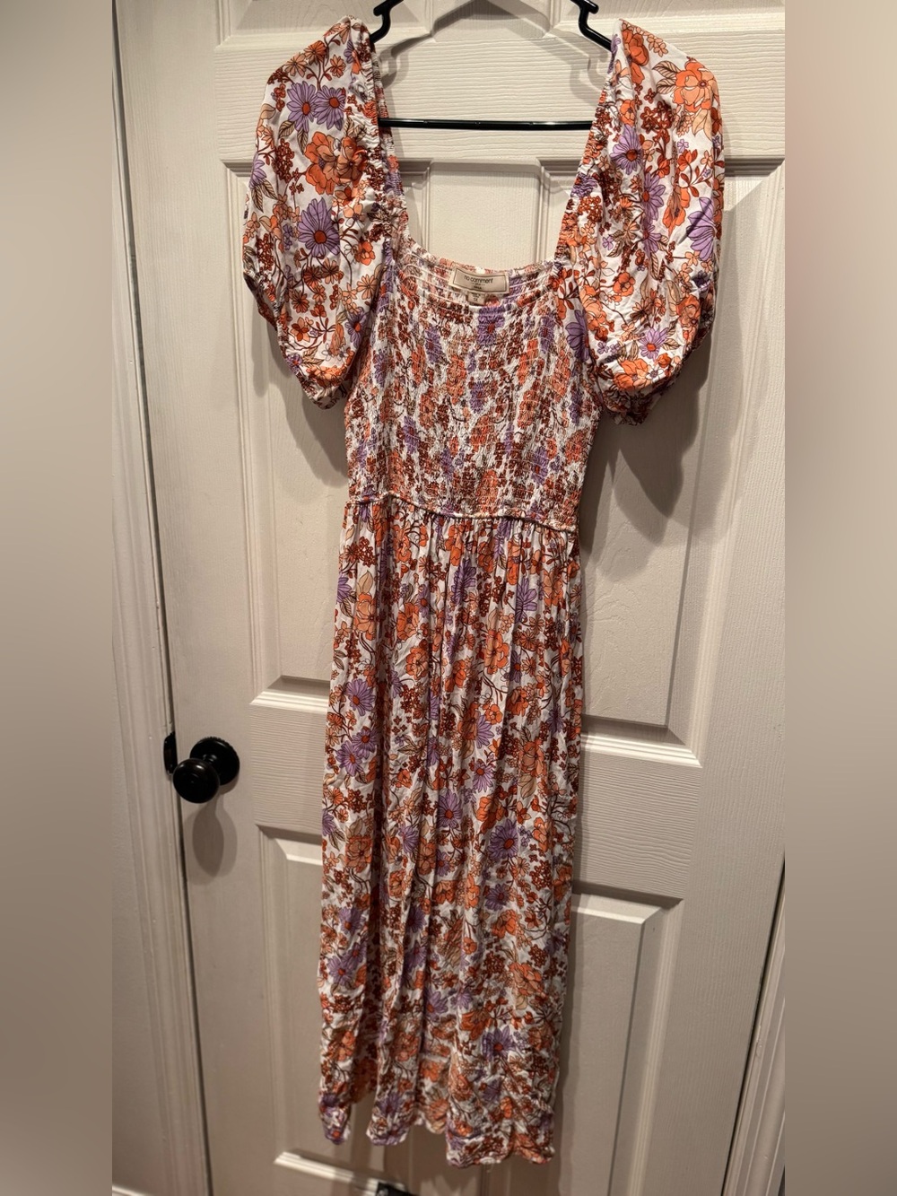 Women’s plus Puff-Sleeve Smocked Floral Midi Sun Dress Rust Orange & Purple 1x
